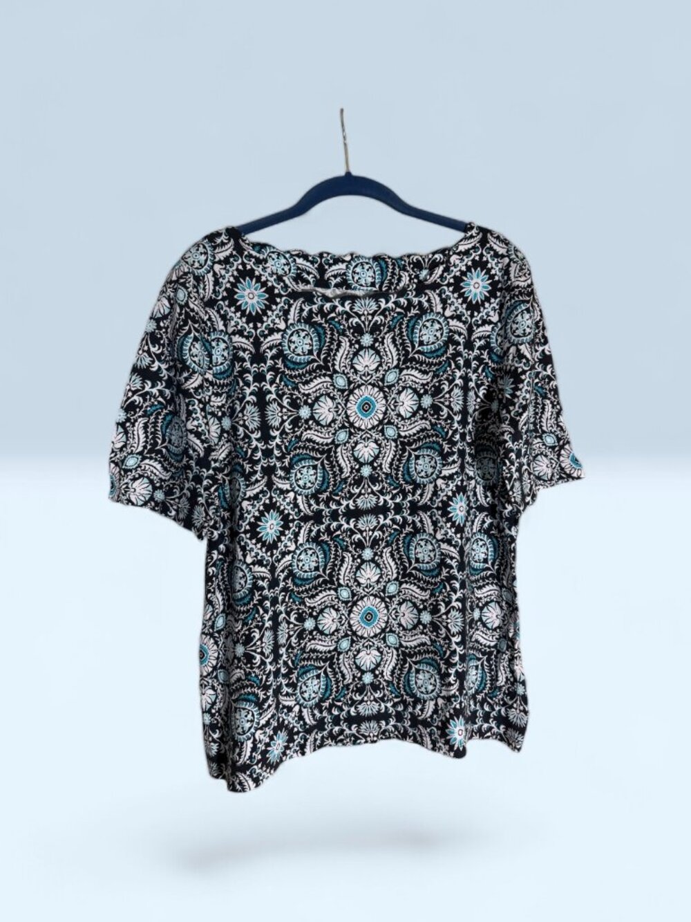 Talbots Blue, White & Black 100% Pima Cotton Short Sleeve Paisley Top Sz L